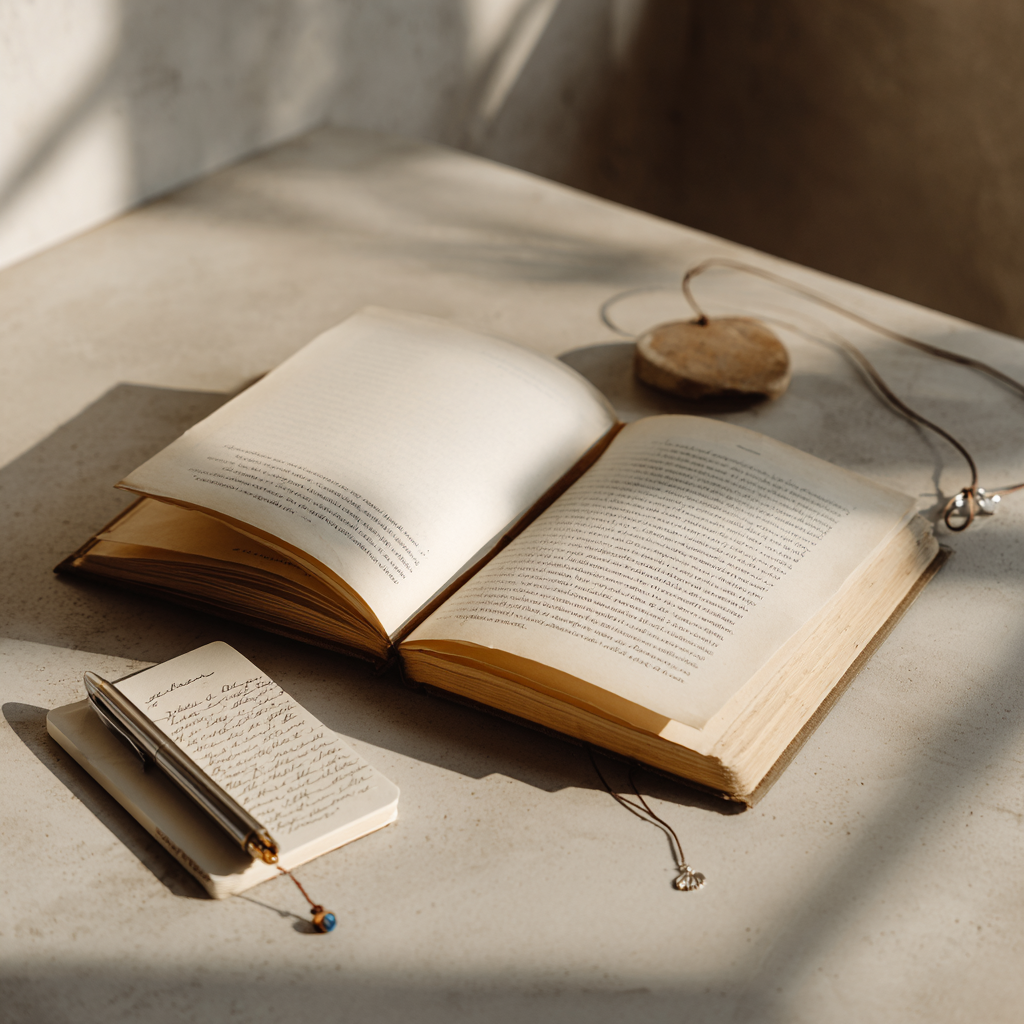 Open book with handwritten notes and an event badge on a table